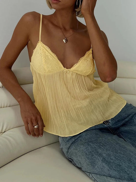 New Fashion Womens Pleated Camisole Mini Bowknot Front Spaghetti Strap V-Neck Lace Cropped Tops Club Street Style Hot Sale S-XL