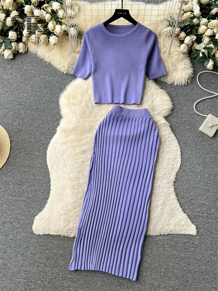 SINGREINY Casual Two Piece Sets Women Summer O Neck Top Elastic Waist Long Skirt Fashion Office Lady Korean Knit Suit purple One Size