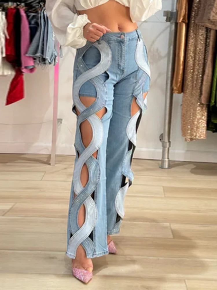 VGH Crisscross Hit Color Streetwear Denim Trousers For Women High Waist Patchwork Pockets Hollow Out Split Pants Female 2024