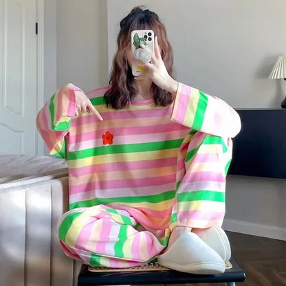 100KG Plus Size Korean Long Sleeved Pajamas Set Women Autumn Student Girls Rainbow Loungewear Can Be Worn Outside Loose Clothes 103 Light Rainbow