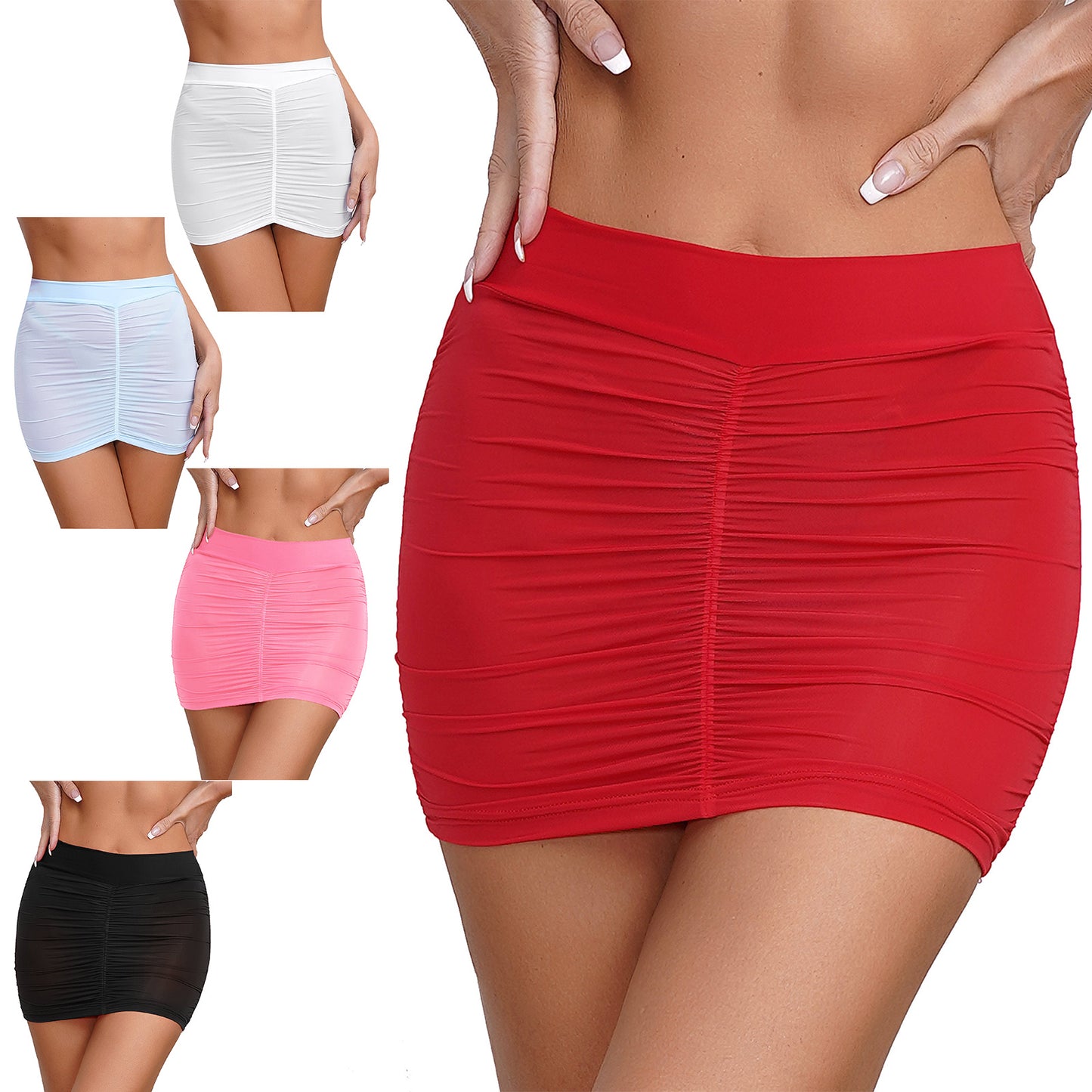 Womens Sexy Bodycon Mini Skirt Ruched Elastic Bands Semi-Sheer Skirt Hip Wrap Lingerie Nightwear Pencil Pole Skirt for Nightclub