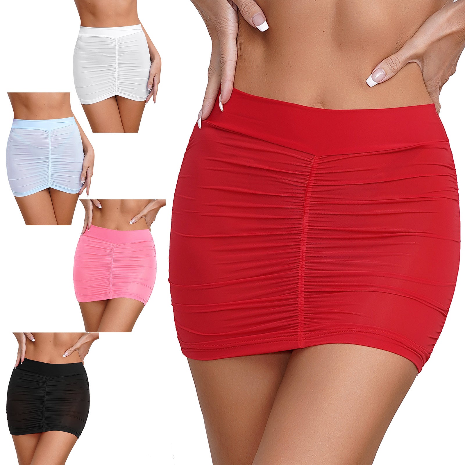 Womens Sexy Bodycon Mini Skirt Ruched Elastic Bands Semi-Sheer Skirt Hip Wrap Lingerie Nightwear Pencil Pole Skirt for Nightclub