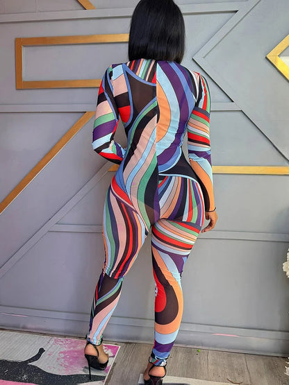 Weird Puss Sexy Colorful Print Jumpsuit Women Zip Y2K Full Sleeve O-Neck Turtleneck Autumn Trend Skinny Stretch Workout Overalls Badiee Stylez