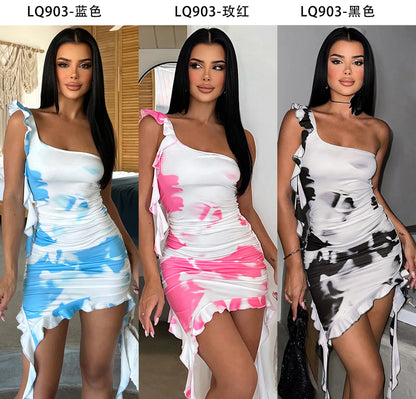 VigoCasey 2025 Summer Female One-shoulder Bodycon Mini Dress Women Sexy Print Short Dress Sleeveless Evening Party Tight Dresses