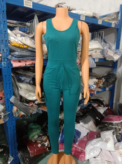 Two Piece Set Women Outfit 2023 Spring Fashion Drawstring Pocket Design U-Neck Sleeveless Skinny Jumpsuit & Long Sleeve Coat Set