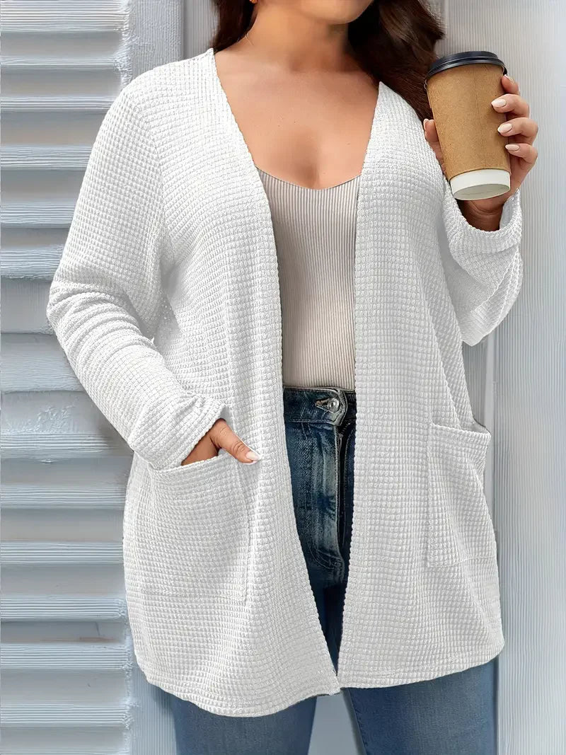 Plus size pure color pocket cardigan coat, casual long-sleeved shirt, suitable for spring and autumn wear, women plus size cloth SH109Baise