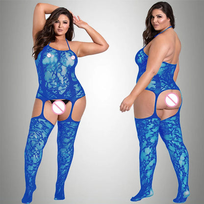 2024 New Plus Size Bodystocking Bodysuits For Women Sexy Fishnet Lingerie Babydoll Dress Porno Underwear Mesh Stockings For Sex Blue Bodystocking One Size