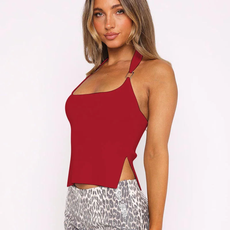 Dulzura Sleeveless Halter Side Slit Top With Button Sexy Casual Tank Party Club Streetwear Women’S Autumn Winter Clothes