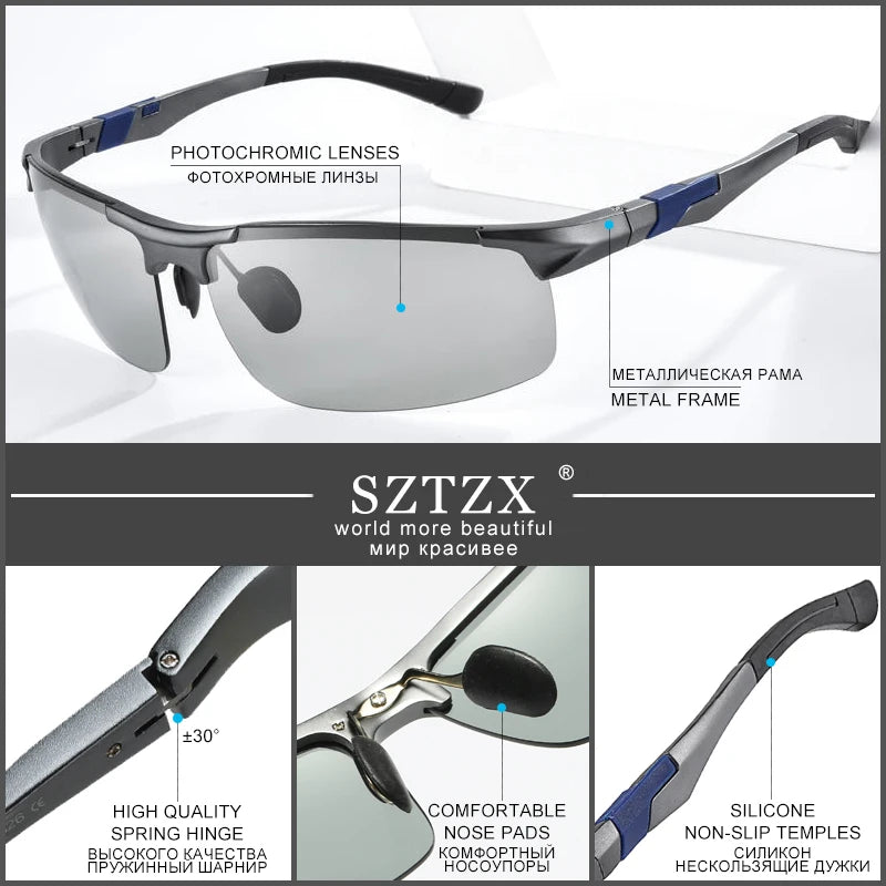 SZTZX Aluminum Rimless Photochromic Sunglasses Men Polarized Day Night Driving Glasses Chameleon Anti-Glare Sport gafas de sol
