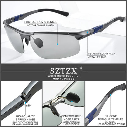SZTZX Aluminum Rimless Photochromic Sunglasses Men Polarized Day Night Driving Glasses Chameleon Anti-Glare Sport gafas de sol