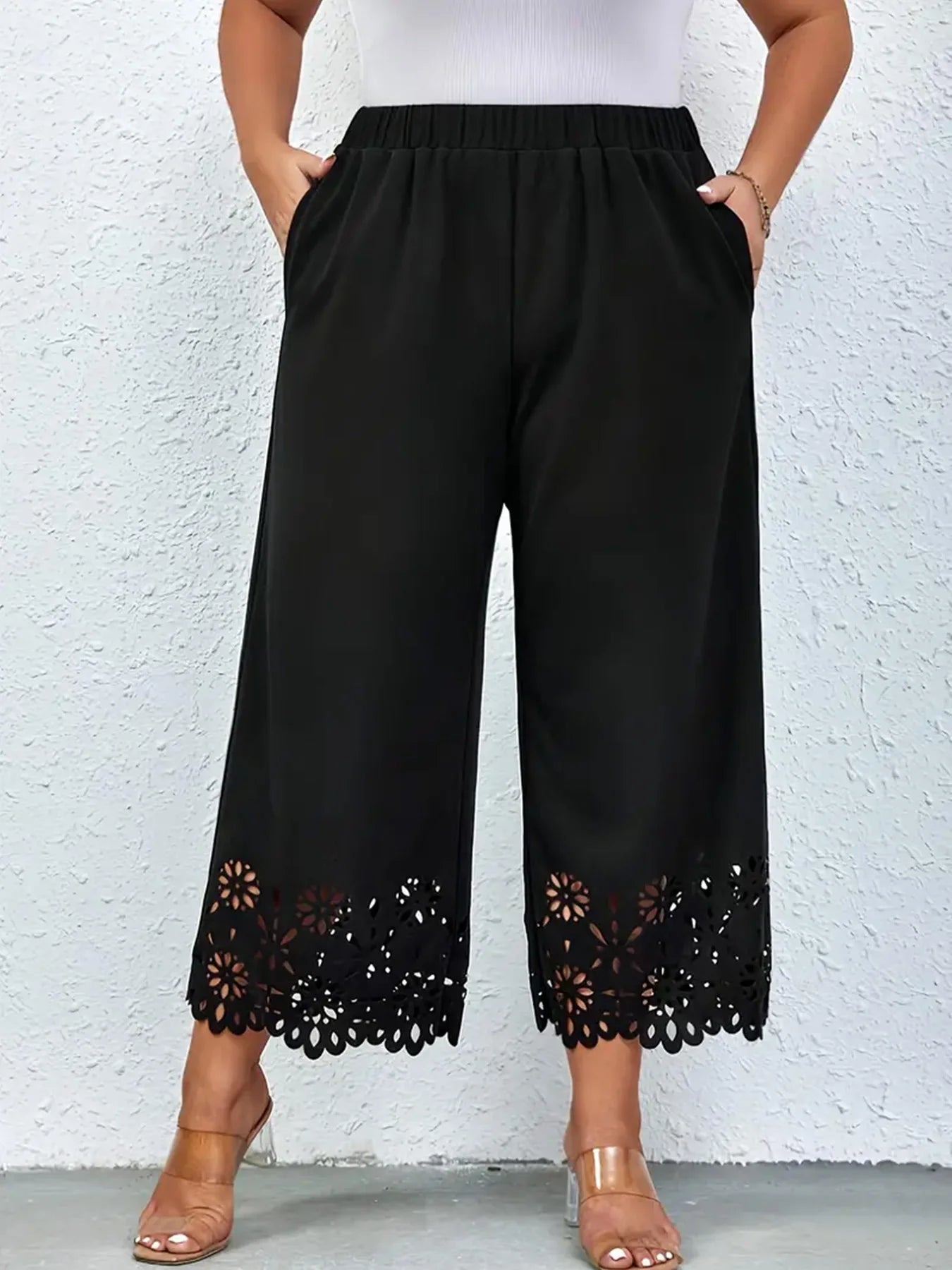 Women's 2024 summer new plus size knitted fabric elegant temperament hollow wide leg pants BLACK