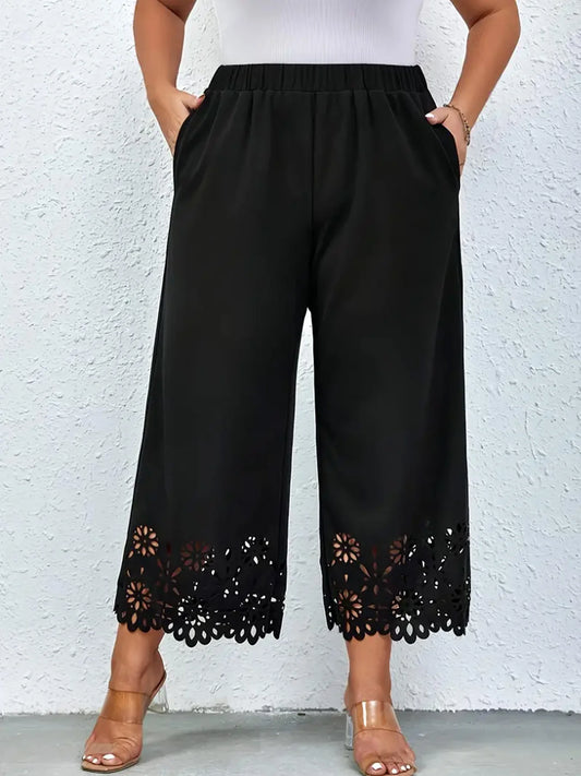 Women's 2024 summer new plus size knitted fabric elegant temperament hollow wide leg pants BLACK