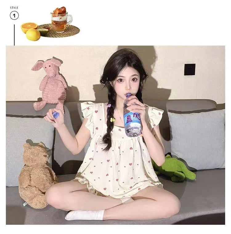 Summer Spwear Women's 2025 New Japanese Sle Fre Vest orts Woven Cotton Thin Home Clothes Set Sweet Print ort Pants