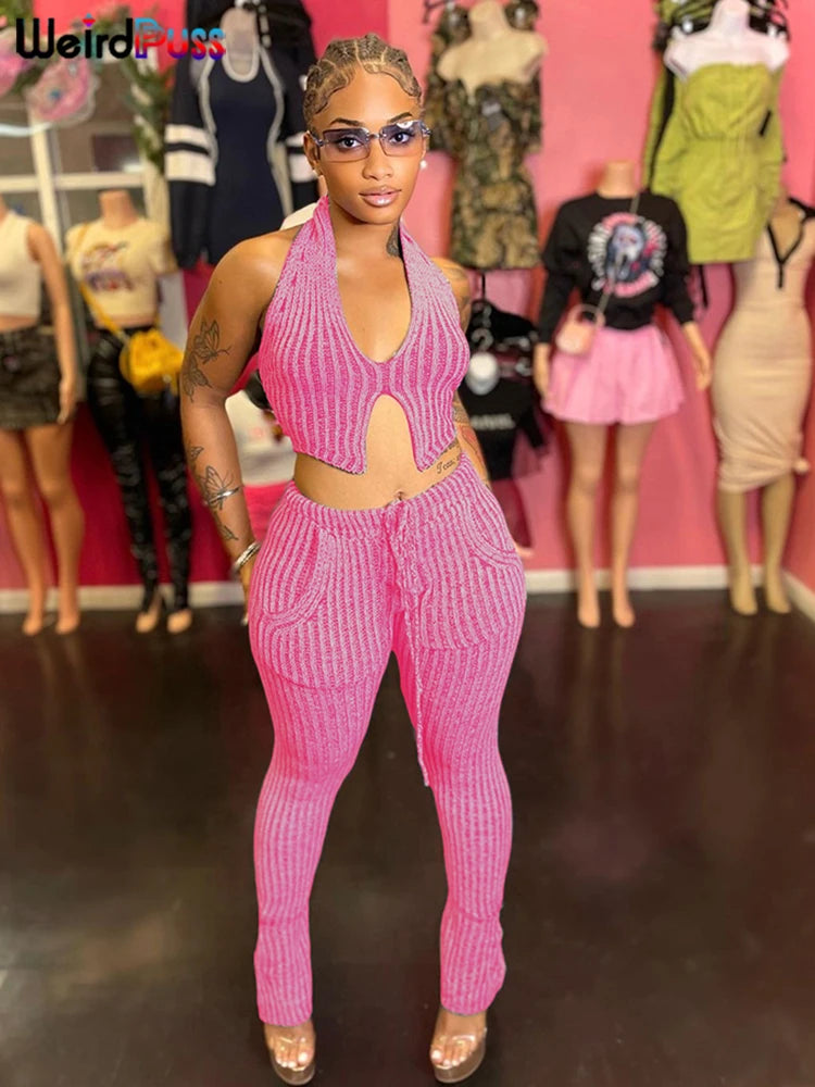 Weird Puss Patchwork Striped Women Casual 2 Piece Set Crochet Halter Low-Neck Vest+Pocket Pants Stretch Skinny Matching Suit Badiee Stylez