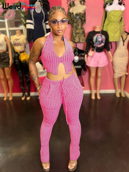 Weird Puss Patchwork Striped Women Casual 2 Piece Set Crochet Halter Low-Neck Vest+Pocket Pants Stretch Skinny Matching Suit Badiee Stylez