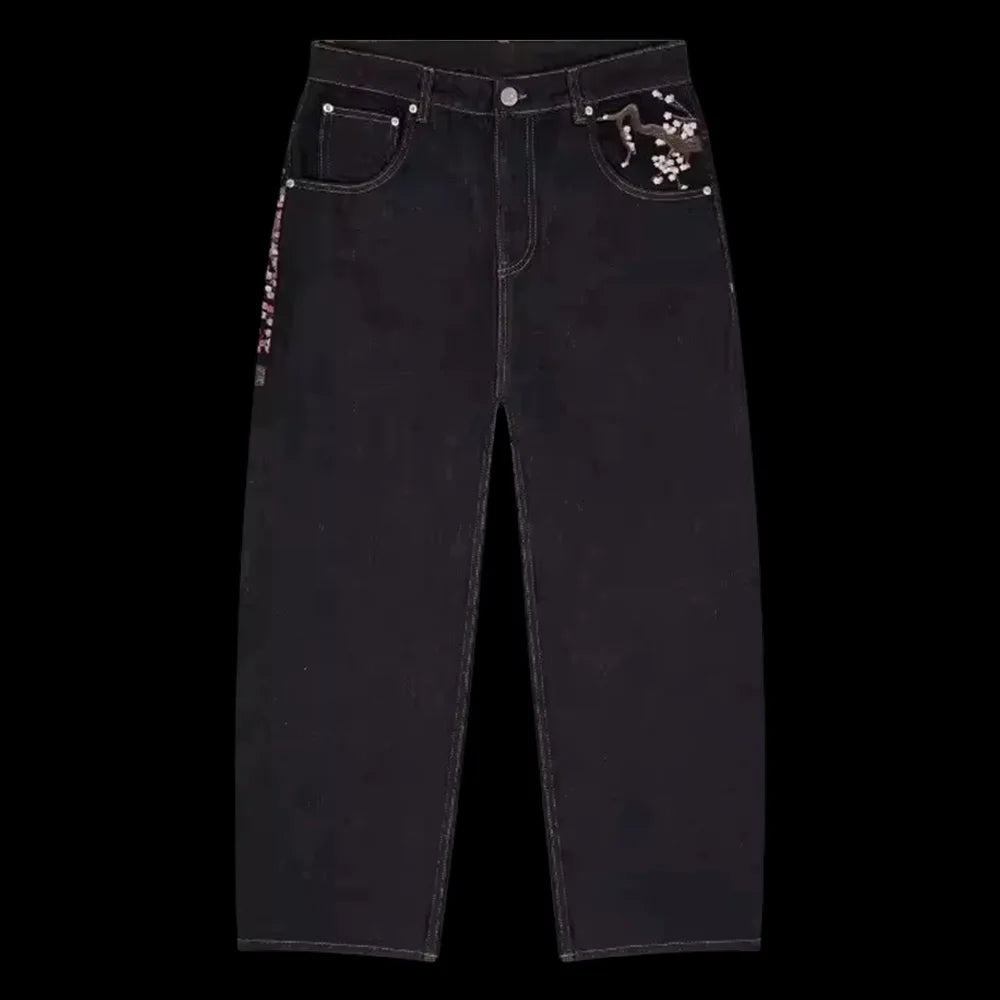 Streetwear Vintage Sakura Jeans Y2K Mens Womens Harajuku Hip Hop Embroidery Retro Black Baggy Jeans Low Waist Wide Leg Trousers