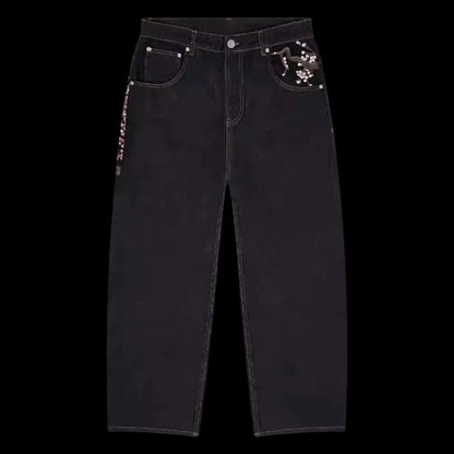 Streetwear Vintage Sakura Jeans Y2K Mens Womens Harajuku Hip Hop Embroidery Retro Black Baggy Jeans Low Waist Wide Leg Trousers