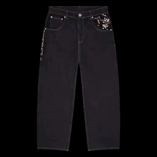 Streetwear Vintage Sakura Jeans Y2K Mens Womens Harajuku Hip Hop Embroidery Retro Black Baggy Jeans Low Waist Wide Leg Trousers