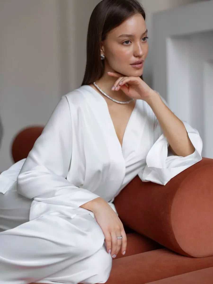 Mozuleva Solid Color Long Sleeved Pants Pajama 2-Piece Set Women's Autumn Winter Lace Up Nightgown Comfortable Home Clothing