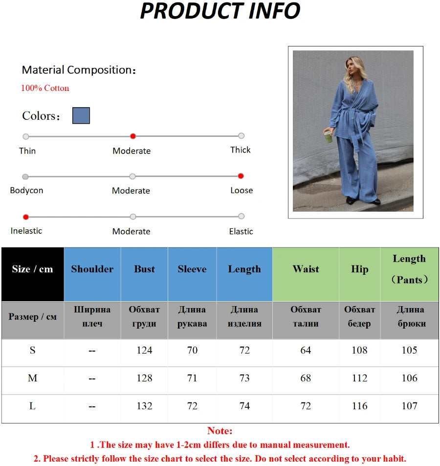 Mozuleva 2025 Autumn New 100% Cotton Women's Blue Lace Up Long Sleeve Pajama Set Loose Pants 2 Piece Leisure Homewear