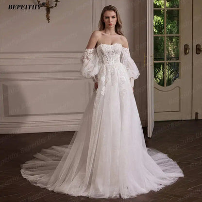 BEPEITHY Customized Strapless A Line Off Shoulder Long Sleeves Bride Ivory Wedding Dresses Glitter Court Train Bridal Gown 2025 Badiee Stylez