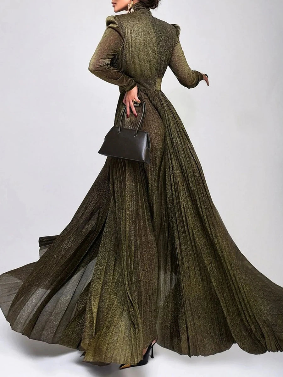 TWOTWINSTYLE Solid Spliced Belt Slimming Dresses For Women O Neck Long Sleeve High Waist Temperament Long Dress Female Clothes