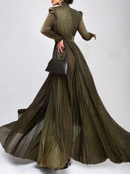 TWOTWINSTYLE Solid Spliced Belt Slimming Dresses For Women O Neck Long Sleeve High Waist Temperament Long Dress Female Clothes