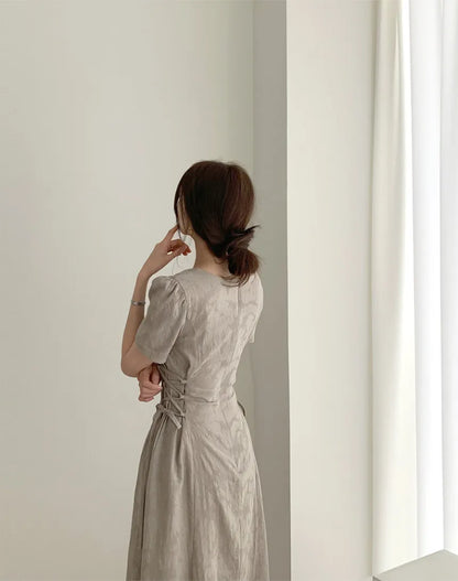 Cotton Linen Dress Long New Hot Sales Woman Short Sleeve Solid Retro Vintage Long Dresses