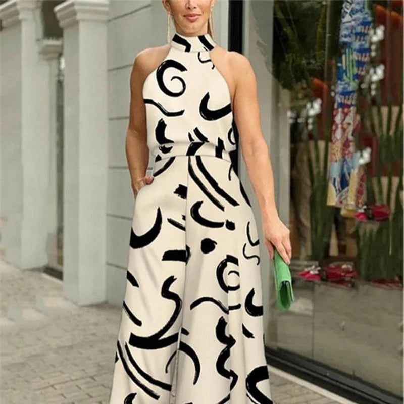 Women's Elegant Jumpsuits Wide Leg Long Pant Summer Sexy Sleeveless Jumpsuit Women 2023 Casual Print Macaque Feminine Clothes Apricot