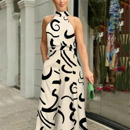 Women's Elegant Jumpsuits Wide Leg Long Pant Summer Sexy Sleeveless Jumpsuit Women 2023 Casual Print Macaque Feminine Clothes Apricot