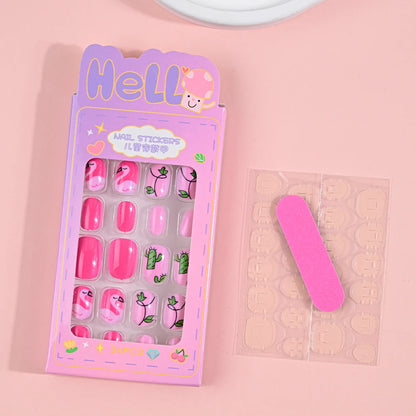 24Pcs Children Cartoon Nail Tips Colorful Cute Rabbit Pink Stars 6-14 Years old Girl Fake Nail With Jelly Glue Kids False Nail TC0045-2