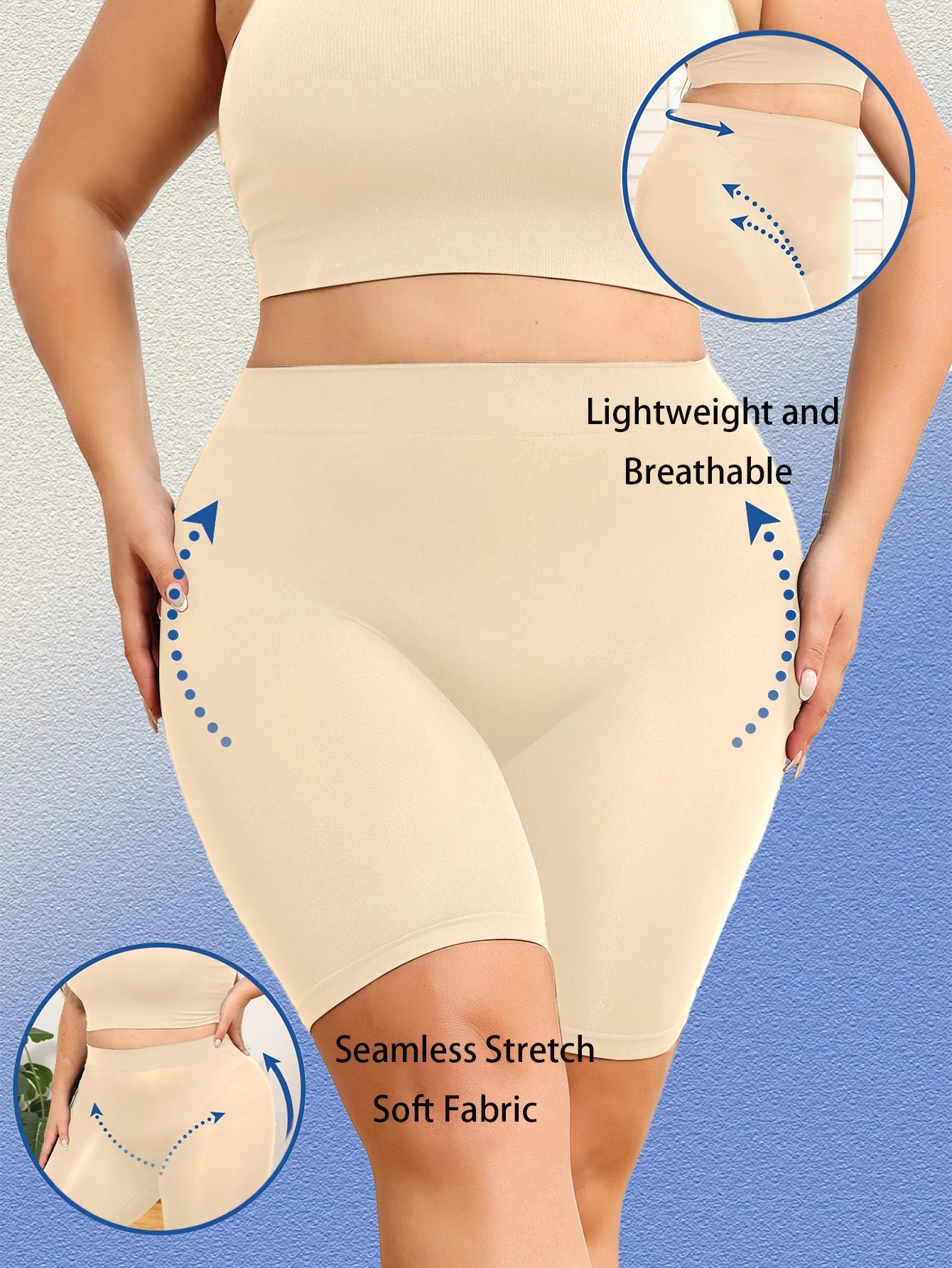 Plus-size women's shorts with tummy control and butt-lifting features to prevent exposure and provide safety shorts.