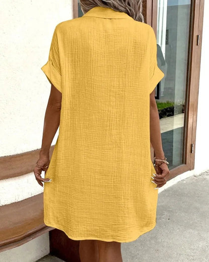 Women's Fashion Summer Minimalist V-neck Button Up Dress Woman Cotton Linen White Short Sleeved Pocket Casual Loose Shirt Dress Badiee Stylez