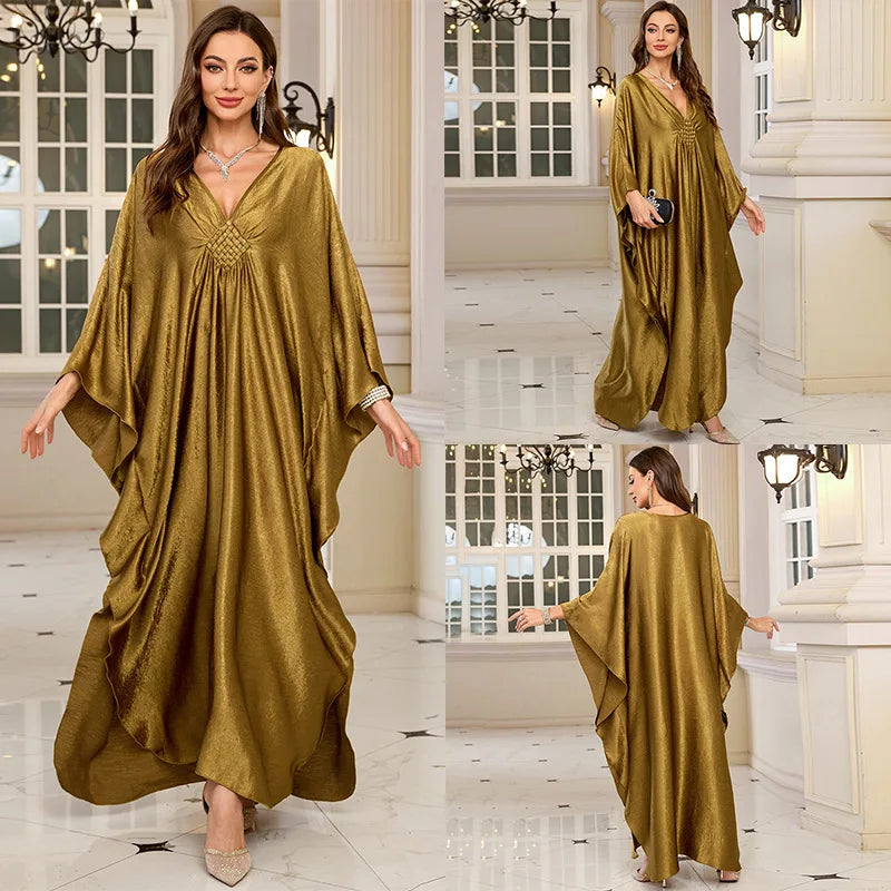 Plus Size Kaftan Dresses for Women Sparkly Glitter Batwing Sleeve Kaftan Cover Up Beach Maxi Dress Loungewear DN0016 Gold One Size