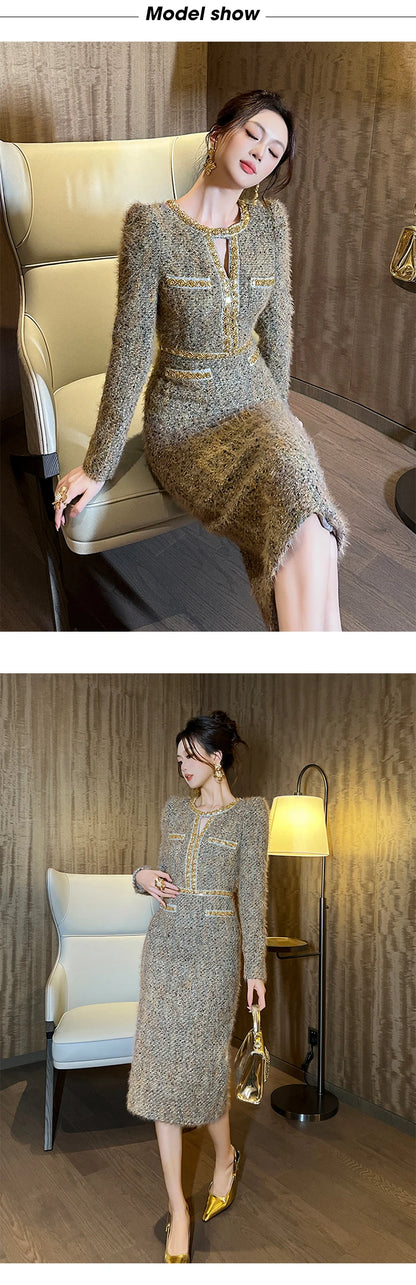 Women Clothes Vintage Tweed Hollow Sexy O-Neck Slim Midi Pencil Dress Elegant Fashion Evening Party Vestidos Formal Occasion New