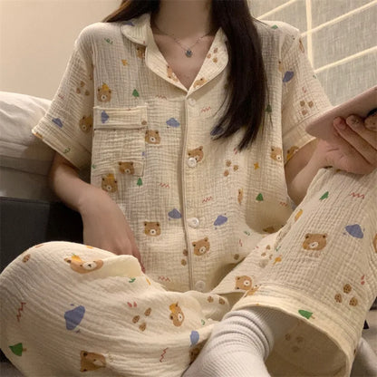 Summer Women's New Net Red Foam Pajamas Loungewear Teenage Students Pajamas Loungewear Short Sleeve Trousers Sweet Casual Set 006