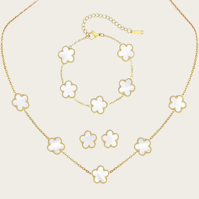 Stainless Steel Sets Earrings Necklace Bracelet Christmas Birthday Gifts Gold Plated Women's Double Sided Flower Elegant Fashion white-gold