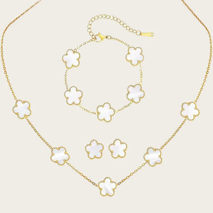 Stainless Steel Sets Earrings Necklace Bracelet Christmas Birthday Gifts Gold Plated Women's Double Sided Flower Elegant Fashion white-gold