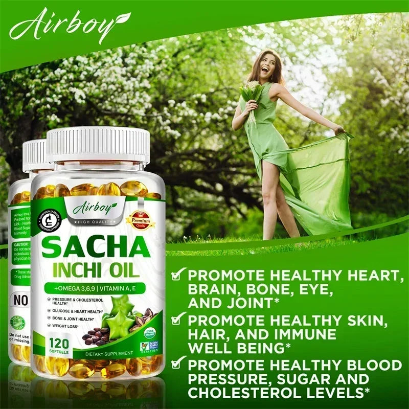 Sacha Inchi Oil Capsules - Supports Brain, Heart, Eye, Skin Health, Balances Cholesterol, Improves Digestion, Boosts Immunity
