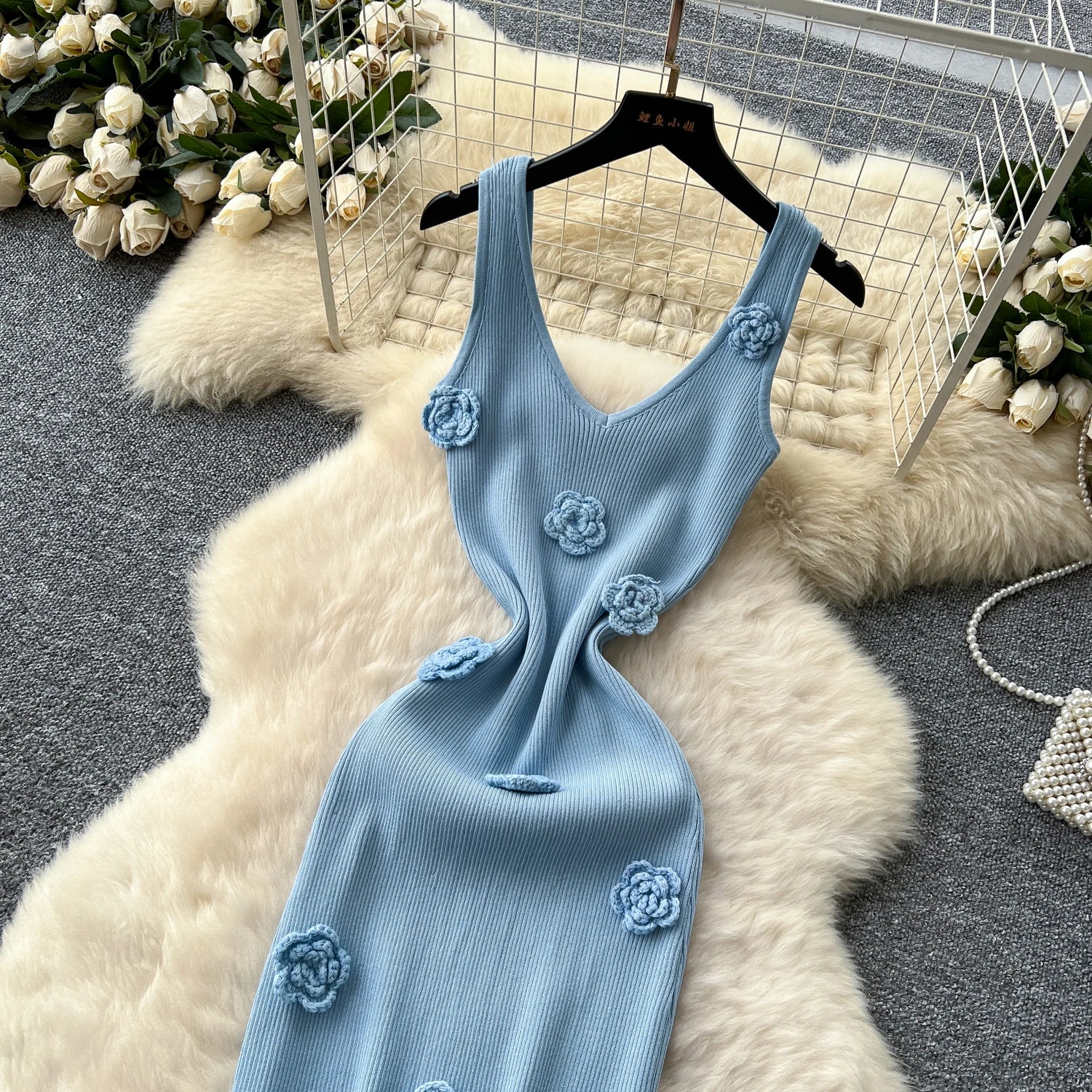 SINGREINY Knitted 3D Flower Chic Dress Sleeveless Slim Solid Elastic Sundress Women Summer Casual Fashion Bodycon Long Dresses