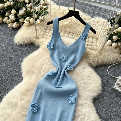 SINGREINY Knitted 3D Flower Chic Dress Sleeveless Slim Solid Elastic Sundress Women Summer Casual Fashion Bodycon Long Dresses