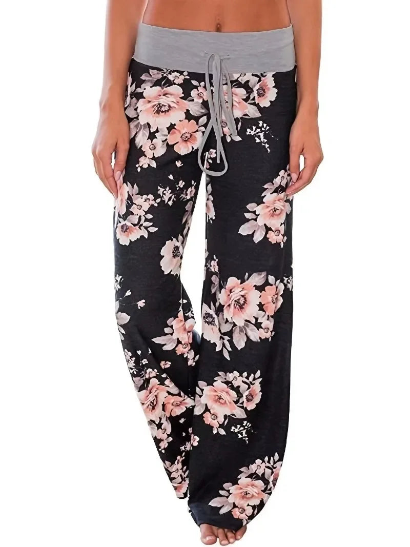 S-8XL Fashion Women Casual Loose Stretch Printing Long Wide Leg Yoga Pants Drawstring Lounge Pants Pajama Pants