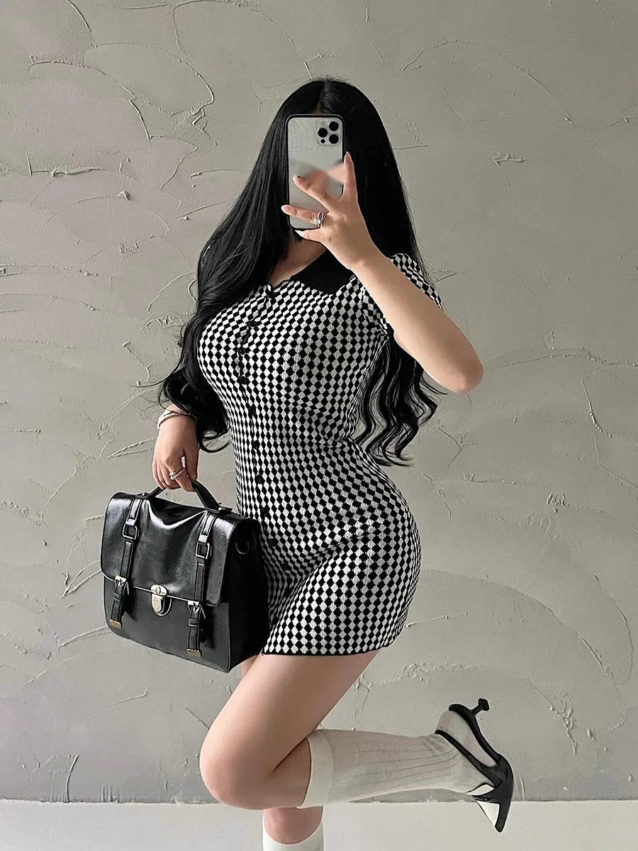American Style Diamond Checkered Lapel Single Breasted Slim Short Sleeved Dress Elegant Tight Thin Dress T Shirt Mini Dress X0P7 Badiee Stylez