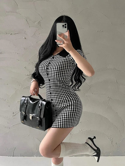 American Style Diamond Checkered Lapel Single Breasted Slim Short Sleeved Dress Elegant Tight Thin Dress T Shirt Mini Dress X0P7 Badiee Stylez
