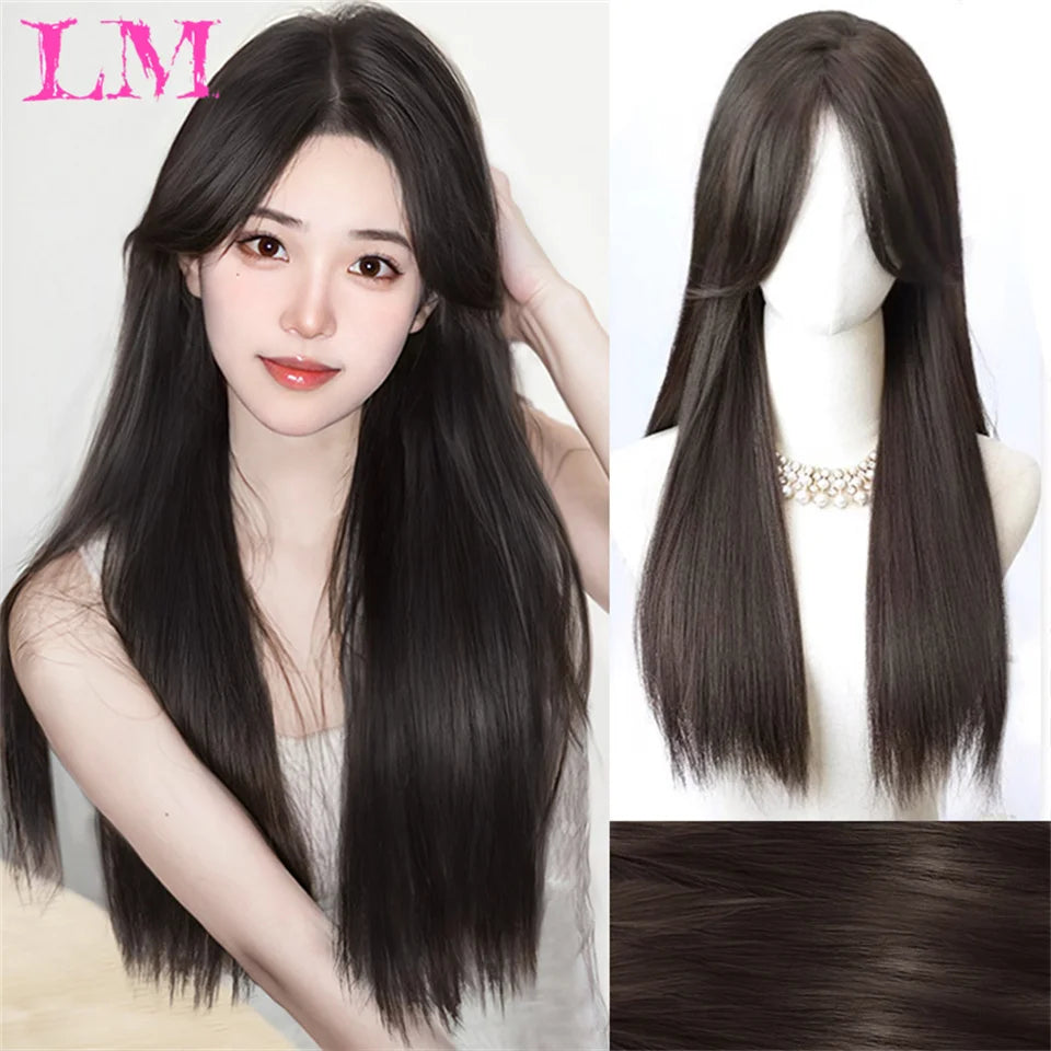 LM Long Silky Straight Synthetic Wigs with Bangs Black Cosplay Party Lolita Hair Wigs for Women Natural Heat Resistant Wig T1B 33 27