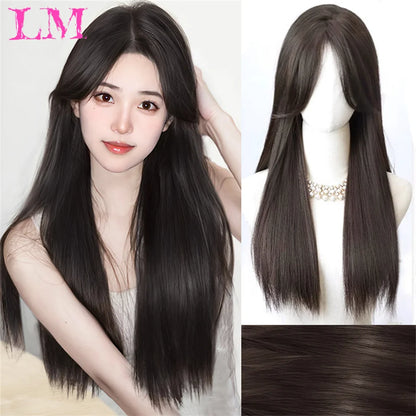 LM Long Silky Straight Synthetic Wigs with Bangs Black Cosplay Party Lolita Hair Wigs for Women Natural Heat Resistant Wig T1B 33 27