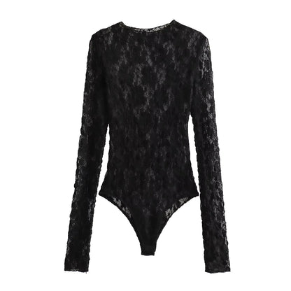 TRAFZA Summer Lace Jumpsuits For Women Fashion New Long Sleeves Hollow Out Slim Onesies Female Chic Wild Women's Bodysuits