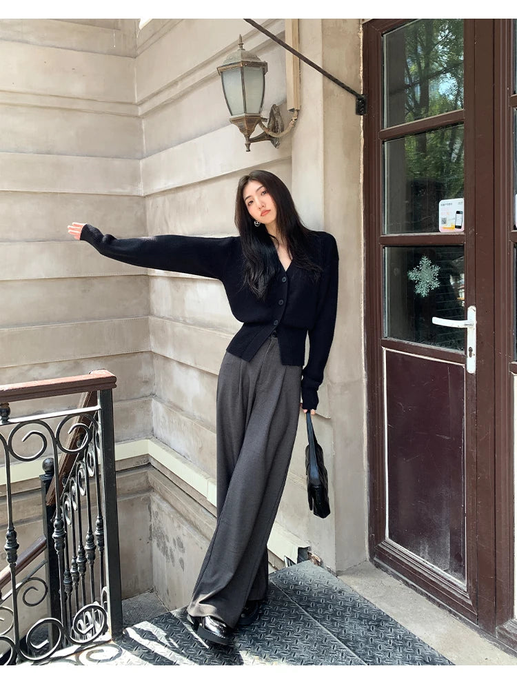 AOSSVIAO Knitted Casual Cardigan 2025 Autumn Winter Elegance Solid Color V-neck Sweater Unique and Niche Slim Fit Tops Badiee Stylez