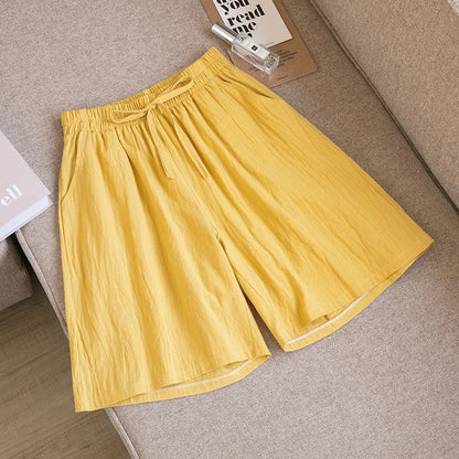 2024 Women Cotton Shorts,Summer Casual Solid Two Pockets shorts high waist loose shorts for girls Soft Cool female shorts Yellow