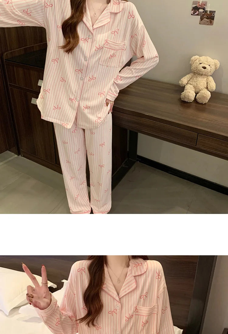 New Women's Spring and Fall Pajamas Homewear Set Wrinkled Cloth Sweet Girl Students Long-Sleeved Casual Pajamas Homewear Set